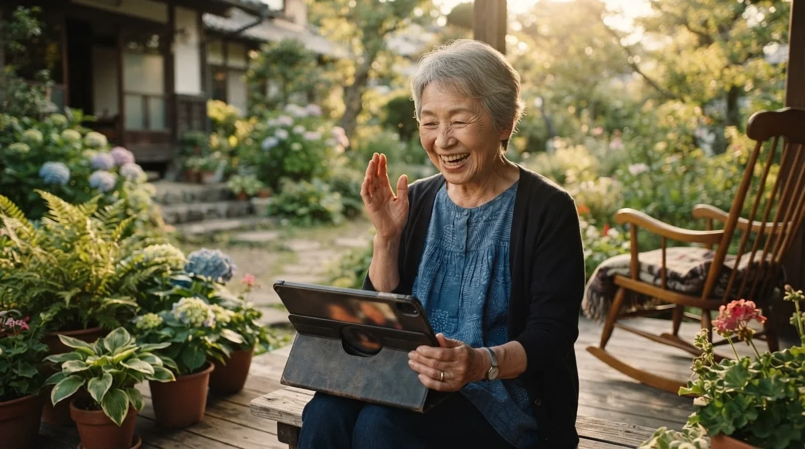 An older woman laughing on a video call on her porch.