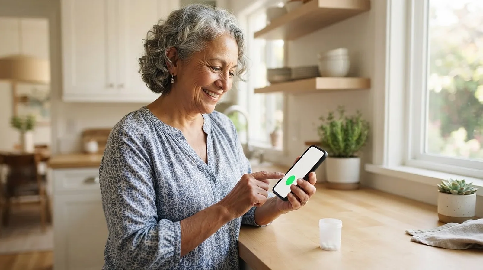 An older woman smiling as she taps a large button on her phone.