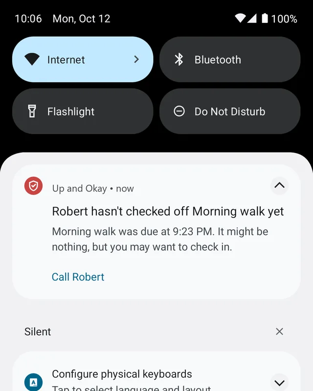 A Up and Okay alert: Robert hasn't checked off Morning walk yet, with a Call Robert button.