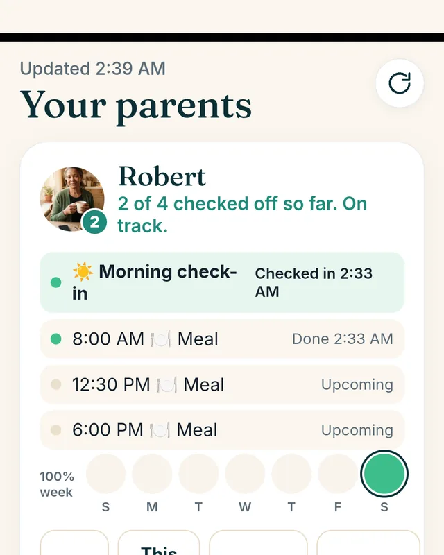 The Up and Okay family board: Robert, checked off so far, on track, with a week of green dots.