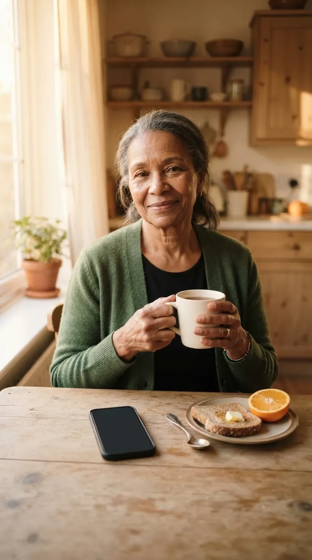 An older woman at her kitchen table with a mug of tea, toast and her phone.